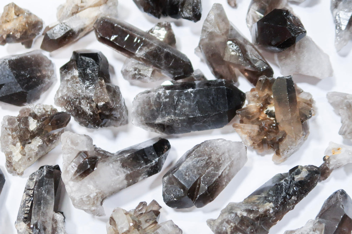 A close-up arrangement of natural smoky quartz crystal points and clusters on a plain white background.